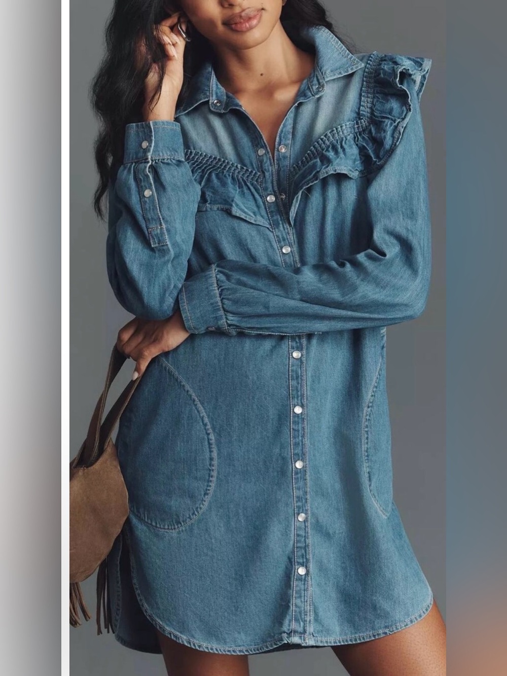 Pilcro Anthropologie Ruffled Denim Mini Shirt Dress Western Prairie Cottage XS - Picture 1 of 13